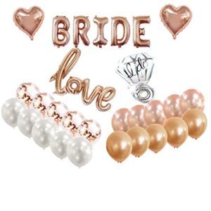 Bridal Shower Bachelorette Party Decorations Kit Rose Gold – 1 Fringe Curtain, 1 Bride Balloon, 1 Love Balloon, 1 Ring Balloon, 2 Heart Balloons, 5 Rose Gold 5 Blush Pink 5 White 5 Confetti Balloons