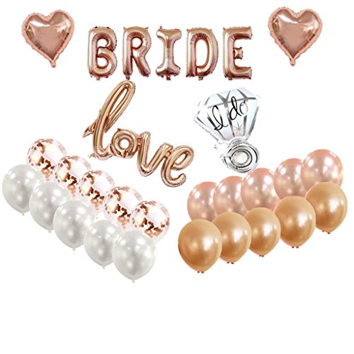 Bridal Shower Bachelorette Party Decorations Kit Rose Gold – 1 Fringe Curtain, 1 Bride Balloon, 1 Love Balloon, 1 Ring Balloon, 2 Heart Balloons, 5 Rose Gold 5 Blush Pink 5 White 5 Confetti Balloons