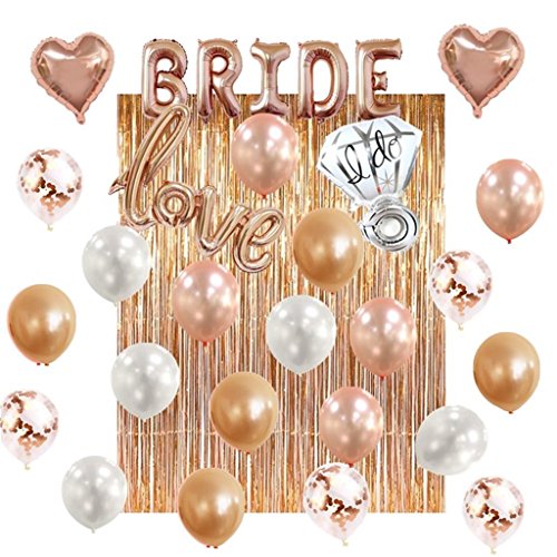 Bridal Shower Bachelorette Party Decorations Kit Rose Gold – 1 Fringe Curtain, 1 Bride Balloon, 1 Love Balloon, 1 Ring Balloon, 2 Heart Balloons, 5 Rose Gold 5 Blush Pink 5 White 5 Confetti Balloons