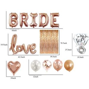 Bridal Shower Bachelorette Party Decorations Kit Rose Gold – 1 Fringe Curtain, 1 Bride Balloon, 1 Love Balloon, 1 Ring Balloon, 2 Heart Balloons, 5 Rose Gold 5 Blush Pink 5 White 5 Confetti Balloons