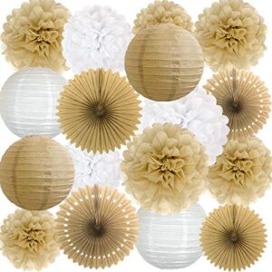 ansomo rustic paper party decorations for bridal baby shower birthday wedding, pom poms paper fans lanterns, white and tan