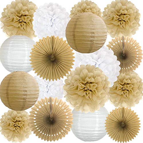 ANSOMO Rustic Paper Party Decorations for Bridal Baby Shower Birthday Wedding, Pom Poms Paper Fans Lanterns, White and Tan