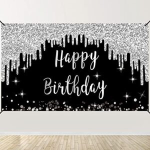 black white silver happy birthday banner decorations for women girls, black silver happy birthday backdrop sign party supplies, 16th 21st 30th 40th 50th 60th 70th birthday poster background decor