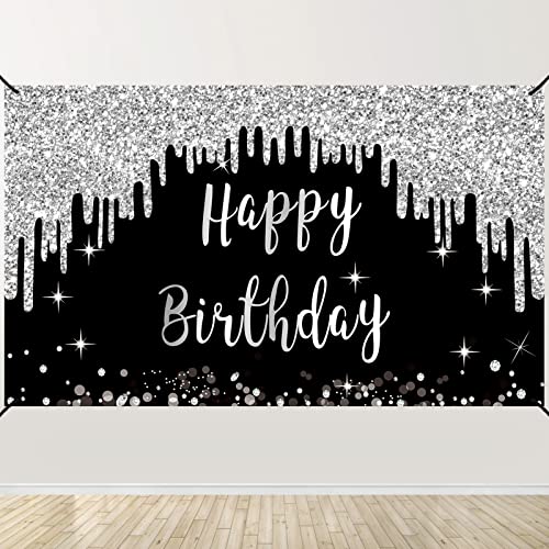 Black White Silver Happy Birthday Banner Decorations for Women Girls, Black Silver Happy Birthday Backdrop Sign Party Supplies, 16th 21st 30th 40th 50th 60th 70th Birthday Poster Background Decor