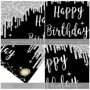 Black White Silver Happy Birthday Banner Decorations for Women Girls, Black Silver Happy Birthday Backdrop Sign Party Supplies, 16th 21st 30th 40th 50th 60th 70th Birthday Poster Background Decor