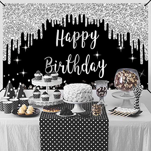 Black White Silver Happy Birthday Banner Decorations for Women Girls, Black Silver Happy Birthday Backdrop Sign Party Supplies, 16th 21st 30th 40th 50th 60th 70th Birthday Poster Background Decor