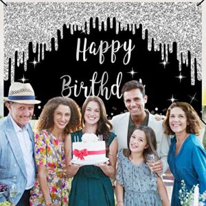 Black White Silver Happy Birthday Banner Decorations for Women Girls, Black Silver Happy Birthday Backdrop Sign Party Supplies, 16th 21st 30th 40th 50th 60th 70th Birthday Poster Background Decor