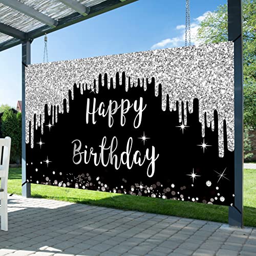 Black White Silver Happy Birthday Banner Decorations for Women Girls, Black Silver Happy Birthday Backdrop Sign Party Supplies, 16th 21st 30th 40th 50th 60th 70th Birthday Poster Background Decor