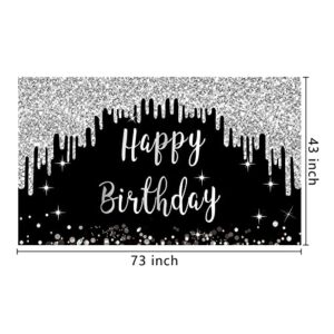 Black White Silver Happy Birthday Banner Decorations for Women Girls, Black Silver Happy Birthday Backdrop Sign Party Supplies, 16th 21st 30th 40th 50th 60th 70th Birthday Poster Background Decor