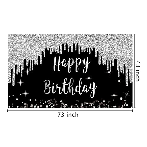 Black White Silver Happy Birthday Banner Decorations for Women Girls, Black Silver Happy Birthday Backdrop Sign Party Supplies, 16th 21st 30th 40th 50th 60th 70th Birthday Poster Background Decor