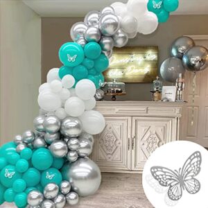 LyzzGlobo Teal Balloon Arch Kit with Butterfly Stickers, 139pcs White Silver Blue Turquoise Balloons Garland Kit for Girls Birthday Bridal Baby Shower Wedding Party Decorations