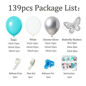 LyzzGlobo Teal Balloon Arch Kit with Butterfly Stickers, 139pcs White Silver Blue Turquoise Balloons Garland Kit for Girls Birthday Bridal Baby Shower Wedding Party Decorations