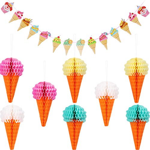 Maitys 9 Pieces Hanging Ice Cream Honeycomb Ball Tissue Paper Ice Cream Banner for Wedding Birthday Decoration