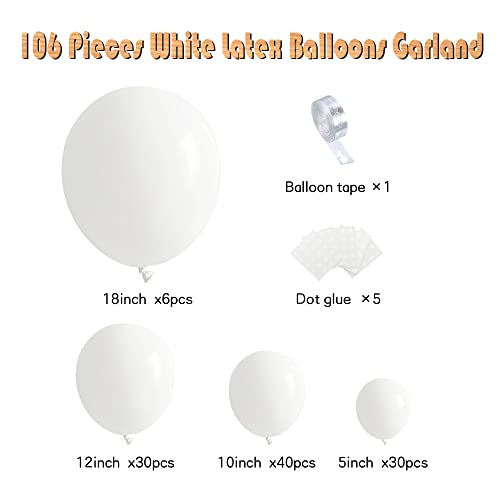 White Balloons Different Sizes, 106 Pieces White Balloon 18''+12''+10''+5'' Latex Balloon for Baby Shower, Wedding, Birthday Party Balloons