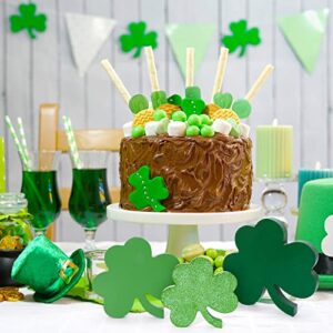 Whaline 3Pcs St. Patrick's Day Wooden Signs Glitter Green Shamrock Table Ornaments Lucky Clover Table Centerpieces Irish Holiday Decorative Table Centerpieces for Home Fireplace Tiered Tray Decor