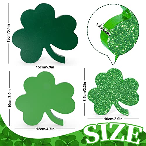 Whaline 3Pcs St. Patrick's Day Wooden Signs Glitter Green Shamrock Table Ornaments Lucky Clover Table Centerpieces Irish Holiday Decorative Table Centerpieces for Home Fireplace Tiered Tray Decor