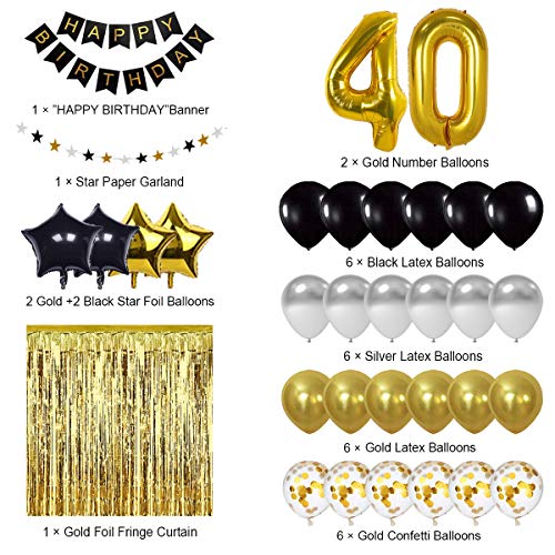 Black and Gold 40th Birthday Decorations Banner Balloon, Happy Birthday Banner, 40th Gold Foil Balloons, Number 40 Birthday Balloons, 40 Years Old Birthday Decoration Supplies