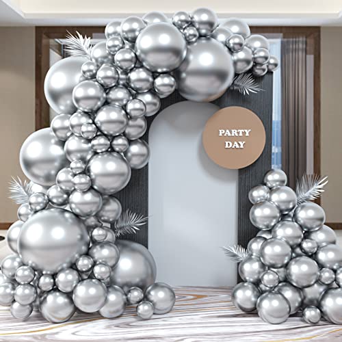 FREECHASE Silver Balloons 100pcs Different Size Pack 18/12/10/5 Inch Metallic Silver Garland Kit for Birthday Wedding Bridal Baby Shower Graduation Valentines Day Mothers Day Party Decorations