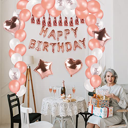 Birthday Decorations Party Balloons Banner - 72 Pcs Rose Pink Confetti Heart Star Foil Happy Birthday Balloon Backdrop Supplies with Tassels Flowers for Women Girls Kids Baby