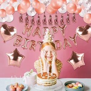 Birthday Decorations Party Balloons Banner - 72 Pcs Rose Pink Confetti Heart Star Foil Happy Birthday Balloon Backdrop Supplies with Tassels Flowers for Women Girls Kids Baby