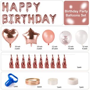 Birthday Decorations Party Balloons Banner - 72 Pcs Rose Pink Confetti Heart Star Foil Happy Birthday Balloon Backdrop Supplies with Tassels Flowers for Women Girls Kids Baby