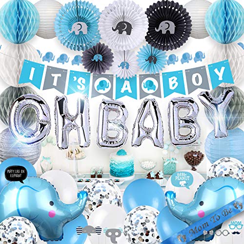 PGNART Baby Shower Decorations for Boy Table Decorations Blue Centerpiece Sticks Photo Props It's A BOY Banner OH Baby Balloon Mom to Be Sash Backdrop Lanterns Honeycomb Fan Poms White Grey Silver Kit