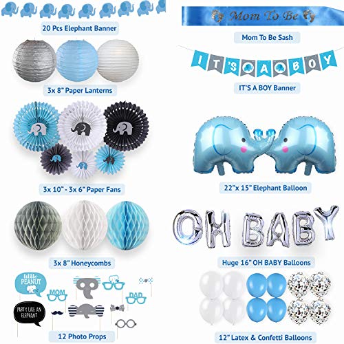 PGNART Baby Shower Decorations for Boy Table Decorations Blue Centerpiece Sticks Photo Props It's A BOY Banner OH Baby Balloon Mom to Be Sash Backdrop Lanterns Honeycomb Fan Poms White Grey Silver Kit