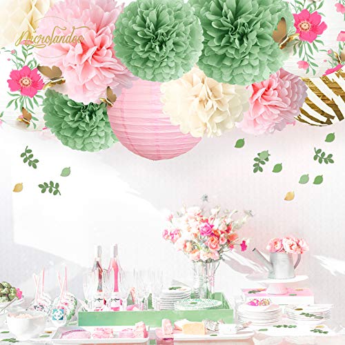 NICROLANDEE 12PCS Green Pink Blooms Tissue Pom Poms Paper Lantern 3D Gold Confetti 50G for Garden Birthday, Fairy Party, Butterfly Baby Shower, Wedding, Holiday, Easte Party, Spring Decor