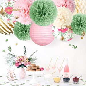 NICROLANDEE 12PCS Green Pink Blooms Tissue Pom Poms Paper Lantern 3D Gold Confetti 50G for Garden Birthday, Fairy Party, Butterfly Baby Shower, Wedding, Holiday, Easte Party, Spring Decor