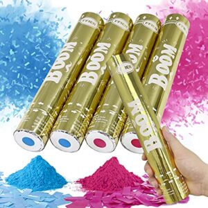 gender reveal confetti powder cannon – 2 blue & 2 pink baby shower poppers – gender reveal party supplies – smoke powder & confetti cannons with 4 stickers, mixed confetti & powder