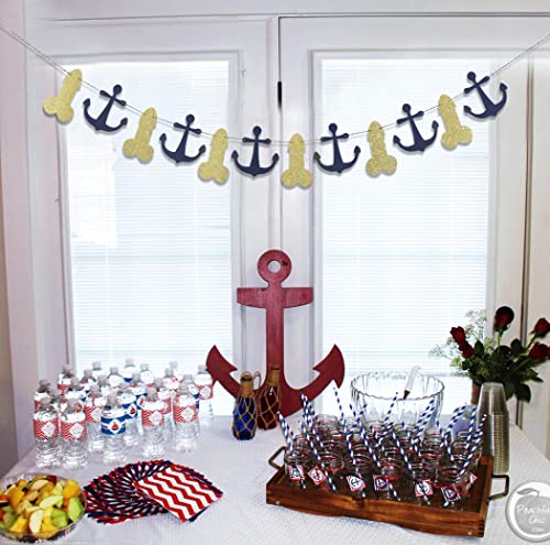 Glitter Gold and Navy Blue Anchors - Lake House Bachelorette, Nautical Bachelorette Party Decorations, Blue Anchors and Gold Cardboard Wreath for a Nautical Themed Party