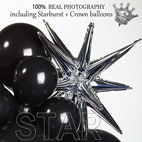 Black and silver balloon Garland Arch Kit with Large Starburst Crown foil balloons for 25th Birthday 50th Anniversary new year eve decorations Retirement Party Supplies