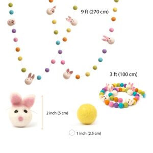 Glaciart One Felt Ball & Bunny Garland - Fun Party Decorations for Easter, Spring & Birthdays - Home Decor for Living Room, Bedroom, Baby Room - 100% Natural Wool Pom Poms with Cotton String - 9 Ft.