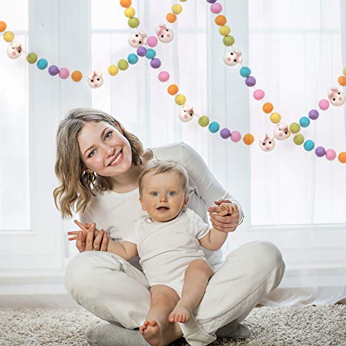 Glaciart One Felt Ball & Bunny Garland - Fun Party Decorations for Easter, Spring & Birthdays - Home Decor for Living Room, Bedroom, Baby Room - 100% Natural Wool Pom Poms with Cotton String - 9 Ft.