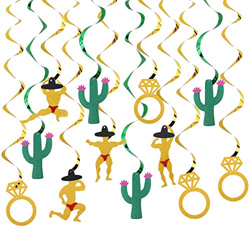 Bachelorette Party Decorations - 12Pcs Hanging Swirl with Cactus Man & Bridal Ring, Glitter Gold Mexico Bridal Shower Bachelorette Hen Party Supplies Decor