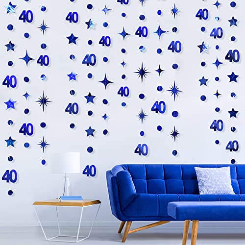 Navy Blue 40th Birthday Decorations Number 40 Circle Dot Twinkle Star Garland Metallic Hanging Streamer Bunting Banner Backdrop for Women 40 Year Old Birthday Forty Anniversary Party Supplies