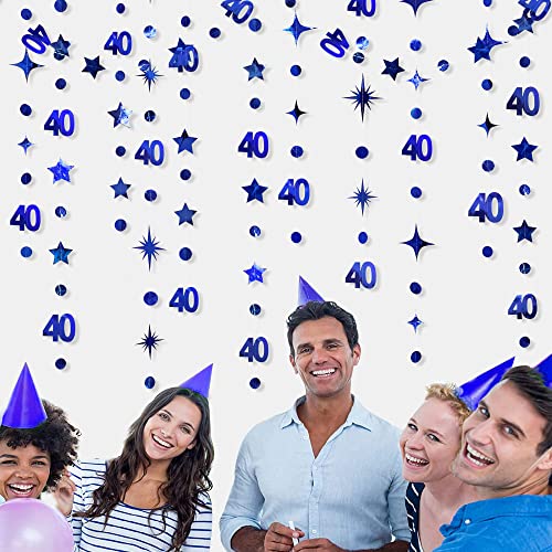 Navy Blue 40th Birthday Decorations Number 40 Circle Dot Twinkle Star Garland Metallic Hanging Streamer Bunting Banner Backdrop for Women 40 Year Old Birthday Forty Anniversary Party Supplies