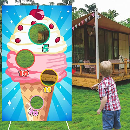 Ice Cream Toss Games Banner Backdrop Background Frozen Dessert Theme Supplies Flag Decor for Indoor Outdoor National Vanilla Ice Cream Day Birthday Party Baby Shower Decorations Photo Booth Props