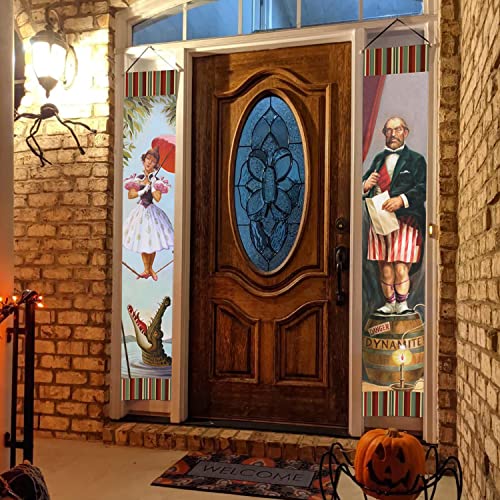 Haunted Mansion Stretching Portraits Outdoor Vinyl Halloween Decoration, 2pcs Haunted Mansion Porch Sign Banner Halloween Vintage Horror Poster for Home Wall Decor Art Photo Hanging Banner
