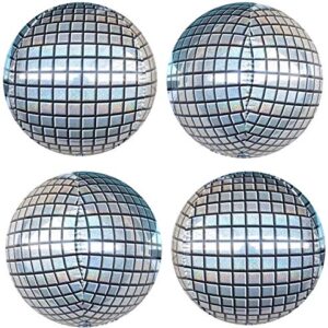 4Pcs 22inch Silver Disco Ball Balloon Party 4D Large Round Inflatable Sphere Shaped Aluminum Foil Mirror Balloon Birthday Grad Party Wedding Baby Shower Marriage Graduation Decor Supplies