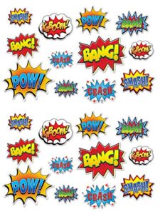 beistle hero action sign cut outs 24 piece comic decorations birthday party supplies 6” – 12.5”, multicolored