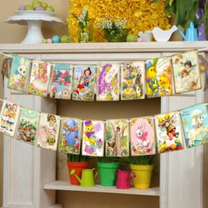 easter decorations vintage easter banner vintage style bunting – 17pcs happy easter banner garland decoration indoor for holiday home office party fireplace mantle, easter party supplies