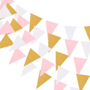 merrynine triangle flag bunting banner, 3 pack 30 feet vintage style pennant banner for wedding, baby shower, event & party supplies 45pcs flags (triangle flag – pink white gold glitter)