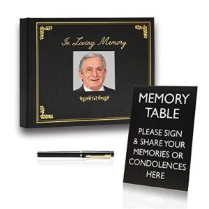 funeral guest book for memorial service set, celebration of life sign in book with picture pocket, pen and memory table card, in loving memory guestbooks (gold embossed leather hardcover)