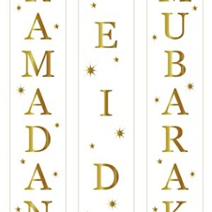 2 in 1 Ramadan Eid Mubarak Door Banner for Home,Mosque,Iftar,Eid Al Adha,Eid Al Fitr, Ramadan and Eid Decoration, Includes 1 Crescent and Star Banner (White)