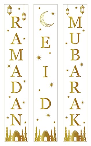 2 in 1 Ramadan Eid Mubarak Door Banner for Home,Mosque,Iftar,Eid Al Adha,Eid Al Fitr, Ramadan and Eid Decoration, Includes 1 Crescent and Star Banner (White)