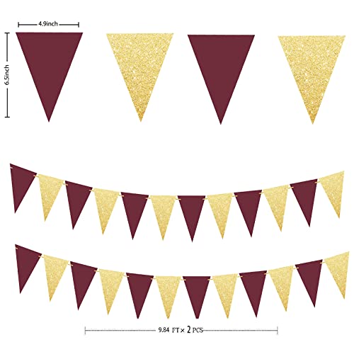 Graduation Decorations 2023 Maroon Gold/Maroon Grad/Burgundy Gold Birthday Party Decorations for Women/2pcs Triangle Bunting Banners for Women's 40th/50th Birthday Fall/Rustic Wedding Decorations