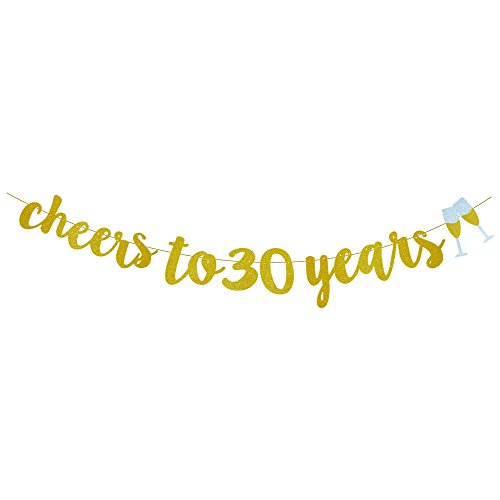 GOER Cheers to 30 Years and Champagne Glasses Gold Glitter Banner for 30th Birthday Party Decorations