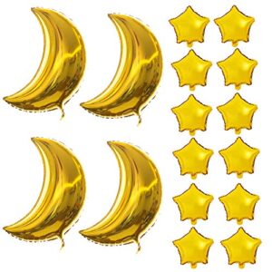 sbyure 4 pack 36″ large moon foil balloons and 12 pack 10″ gold foil star balloons mylar balloon for party decoration baby shower birthday party celebration,gold,16 pieces