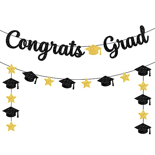 Congrats Grad Banner, Black Glitter - 10 Feet and Cap Garland, No DIY | Graduation Banner, College Graduation Decorations | Black and Gold Graduation Party Decorations 2023 | Congratulations Banner